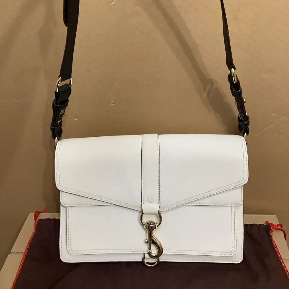 REBECCA MINKOFF White Saffiano Leather HUDSON Flap Large Xbody Msgr Black Trim